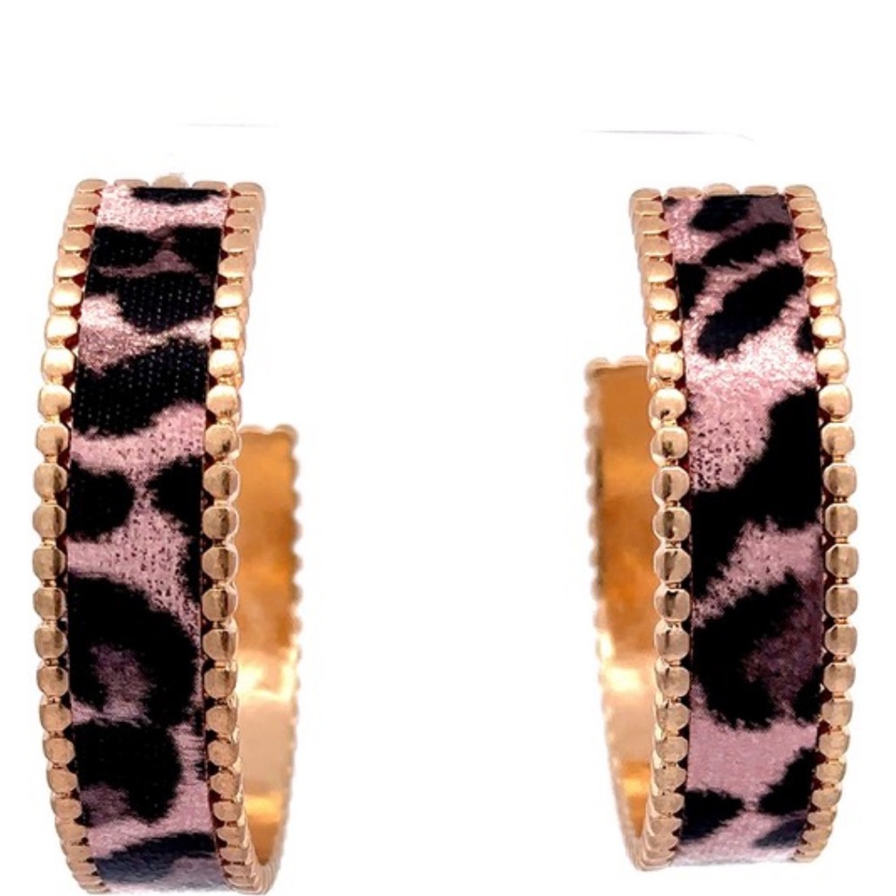 NWT! Leopard Print Pink Gold Textured Hoop Earrings - Picture 4 of 6